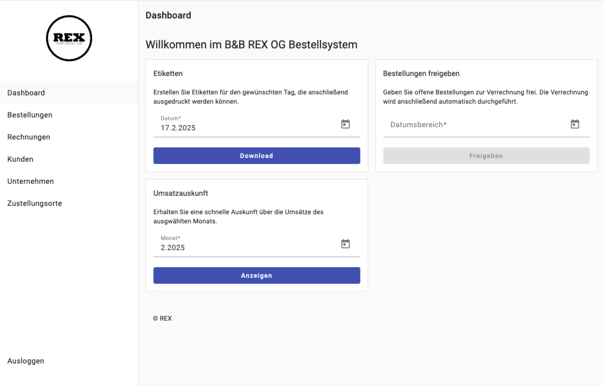 Software Entwicklung für die B&B REX OG aus Wels Screenshot der REX Essen Web-Applikation